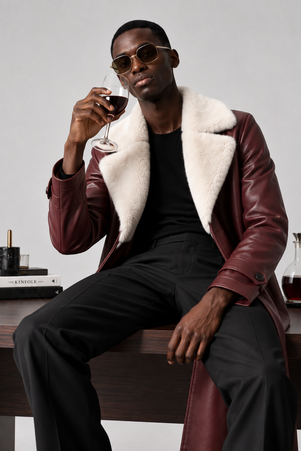 Wine Leather Long Coat